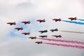 Royal Air Force Red Arrows flying in formation with the leaders of formations teams The Breitling jet Team, Frecce Tricolori, Royalty Free Stock Photo