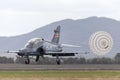 Royal Australian Air Force RAAF BAE Hawk 127 lead in fighter trainer aircraft A27-31 lands with the aid of a drogue chute.