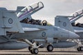 Royal Australian Air Force RAAF Pilot and Weapons System Officer WSO in the cockpit of a Boeing F/A-18F Super Hornet multirole Royalty Free Stock Photo