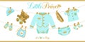 Royal baby boy shower card. Baby clothes hanging on a rope Royalty Free Stock Photo