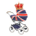 Royal baby concept. Baby stroller with Britain flag texture and golden crown. 3D rendering Royalty Free Stock Photo