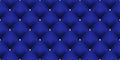 Royal blue background gold buttons pattern. Vector leather or velvet vintage luxury upholstery with golden buttons seamless