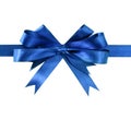 Royal blue gift ribbon bow straight horizontal isolated on white Royalty Free Stock Photo