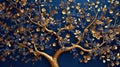 Royal Blue and Gold Floral Tree Illustration Royalty Free Stock Photo
