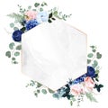 Royal blue, navy garden rose, blush pink hydrangea flowers, anemone, thistle, eucalyptus