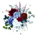 Royal blue, navy garden rose, white hydrangea, burgundy red peony flowers Royalty Free Stock Photo