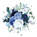 Royal blue, navy garden rose, white hydrangea flowers, anemone, thistle