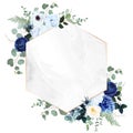 Royal blue, navy garden rose, white hydrangea flowers, anemone, thistle, eucalyptus Royalty Free Stock Photo