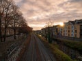 Royal Canal and rail track in Dublin, Ireland at sunrise