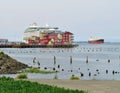 Astoria, Oregon, 9/16/2018, Royal Caribbean`s Explorer of the Seas cruise ship docked along side the Cannery Pier Hotel & Spa