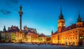 Royal Castle, ancient townhouses and Sigismund`s Column in Old town in Warsaw, Poland. Royalty Free Stock Photo