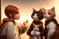 Royal cats family meets young girl with bunch of tulips, warm sunset colors, AI generated