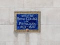 Royal College of Physicians historical plaque in the City area of London, United Kingdom.