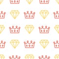 Royal crown and brilliant on seamless pattern background. King and queen crown and diamond outline on white background.