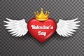 Royal crown valentine day heart white bird angel fly wings 3d realistic design transparent background vector Royalty Free Stock Photo