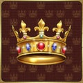 Royal Gold crown vintage background with precious stones, diamonds, rubies, emeralds, sapphires on fabric texture tapestry 3D Royalty Free Stock Photo