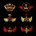 Royal Crowns and Ancient Stars emblems set. Heraldic Coat of Arm