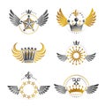 Royal Crowns and Ancient Stars emblems set. Heraldic Coat of Arm