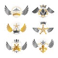 Royal Crowns and Ancient Stars emblems set. Heraldic Coat of Arm