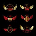 Royal Crowns and Ancient Stars emblems set. Heraldic Coat of Arm