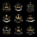 Royal Crowns emblems set. Heraldic vector design elements collection. Retro style label, heraldry logo. Royalty Free Stock Photo