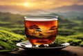 Royal Cup of green tea with green tea farming background