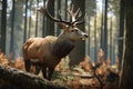 A royal deer with big antlers in the woods. AI generated