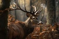 A royal deer with big antlers in the woods. AI generated