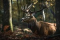 A royal deer with big antlers in the woods. AI generated