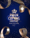 Royal design banner with gold curly silk ribbons and blue background. Ribbon cutting ceremony. Royalty Free Stock Photo