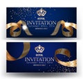 Royal design banners with gold curly silk ribbons and blue background.