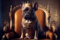 Royal Dog: A French bulldog dog with a golden crown on his head, sitting on a brown velvet armchair Royalty Free Stock Photo