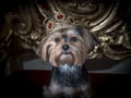 Royal dog portrait. Small dog in regal clothing siting on a gold throne