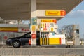 Royal Dutch Shell gas station, gas pumps side view. Shell V-Power. Gas, gasoline petrol industry business, gas prices Royalty Free Stock Photo