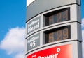 Royal Dutch Shell gas station signage gas prices closeup, FuelSave Diesel, 95, price numbers up close, detail Fuel, gasoline