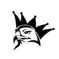 Royal eagle or hawk bird and king crown silhouette black and white vector portrait