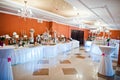 Royal elegance wedding reception table with different cookery food.