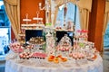 Royal elegance wedding reception table with different cookery food.