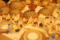 Royal elegance wedding reception table with different cookery food arrangement .