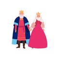 Royal family flat vector illustration. Smiling medieval queen and king in historical costumes cartoon characters Royalty Free Stock Photo