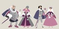 The royal family. Funny cartoon characters in historical costumes.