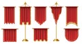 Royal flags. Red textile pennant on golden stand and hanging regal medieval vertical flag banner vector set