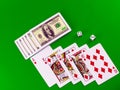 Royal flesh- playing cards on green broadcloth. Royalty Free Stock Photo