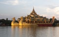 The Royal Floating Barge at sunset, Karaweik Lake Yangon, Burma