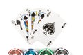 Royal flush and casino gambling chips Royalty Free Stock Photo