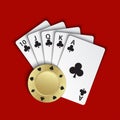 A royal flush of clubs with gold poker chip on red background Royalty Free Stock Photo