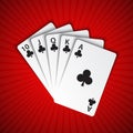 A royal flush of clubs on red background, winning hands of poker Royalty Free Stock Photo