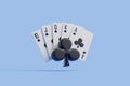 Royal Flush Clubs Suit with Black Clover on Blue Royalty Free Stock Photo