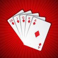 A royal flush of diamonds on red background, winning hands