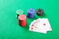 Royal flush of hearts and chips Royalty Free Stock Photo